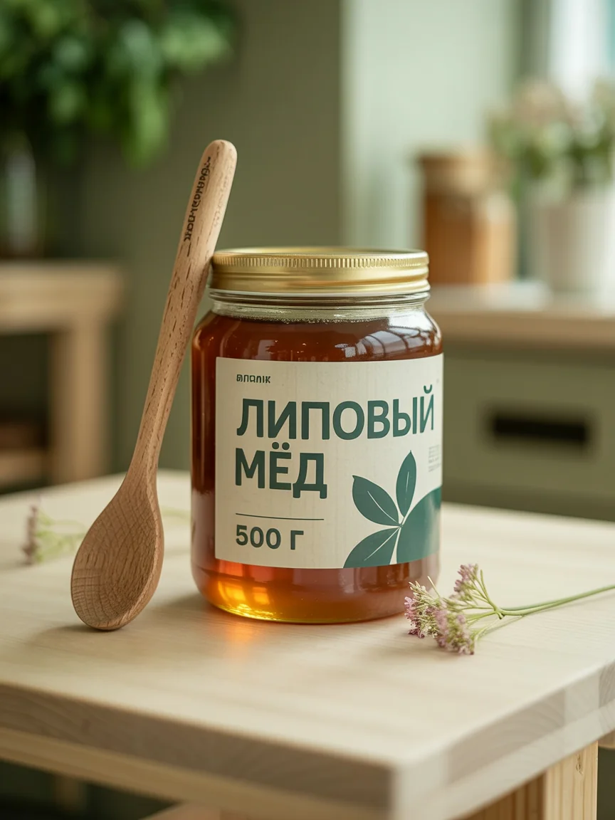 Банка мёда с кремово-зелёной этикеткой «Липовый мёд» и «500 г», рядом деревянная ложка