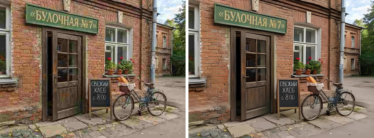 Вход в булочную с зелёной вывеской и велосипедом: пережатый исходник и чистый результат
