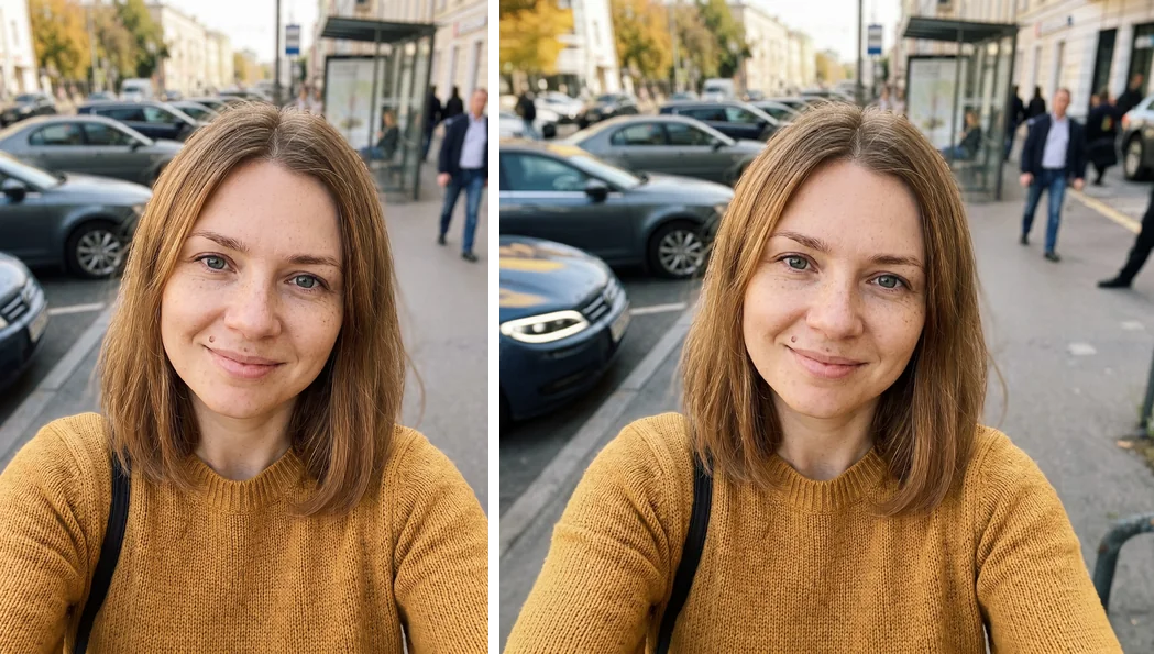 Вертикальное селфи и квадрат из него, где улица дорисована по бокам