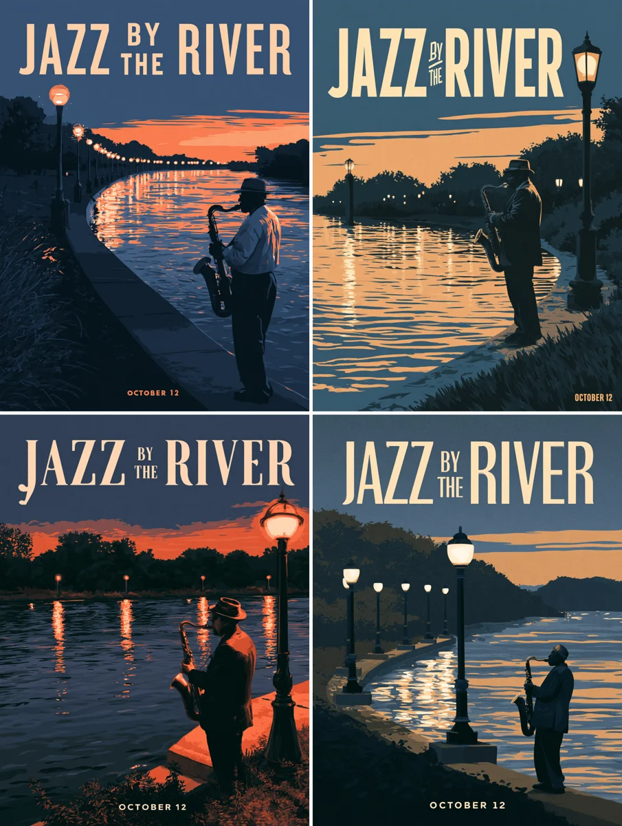 Четыре ретро-афиши с саксофонистом и верной английской надписью JAZZ BY THE RIVER