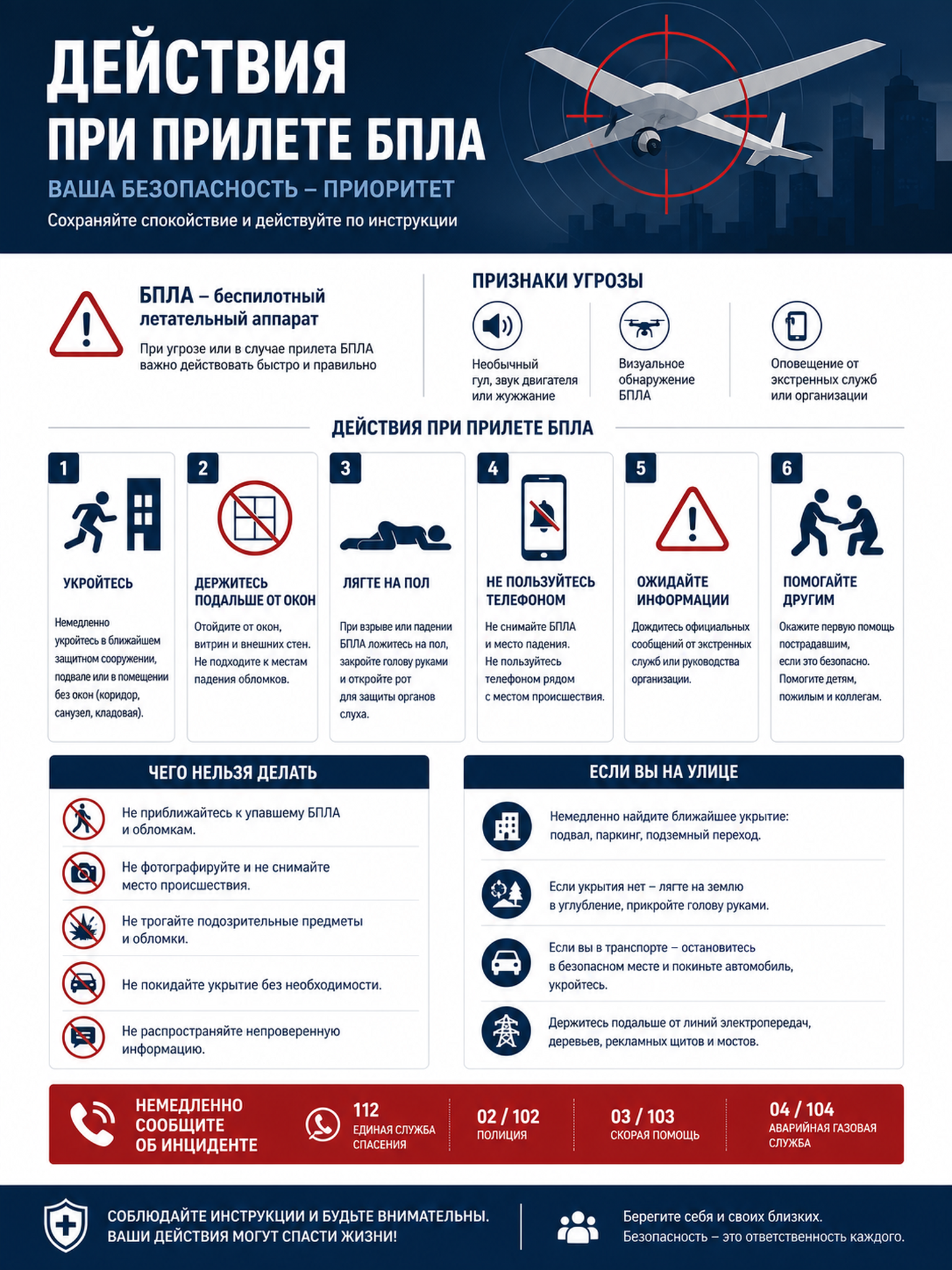 Информационный плакат / Действия при прилете БПЛА