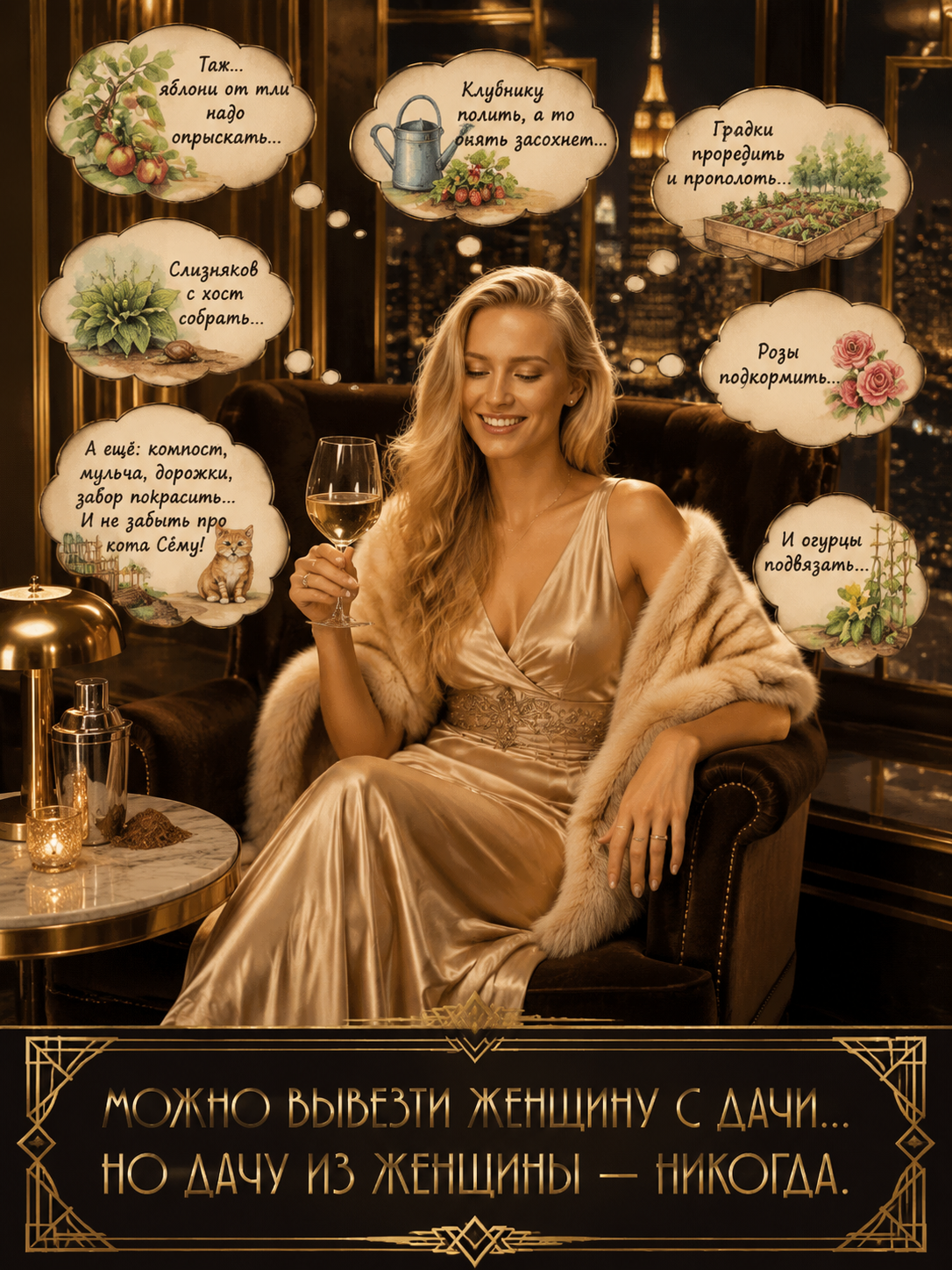 Юмористический постер в luxury-эстетике Art Deco