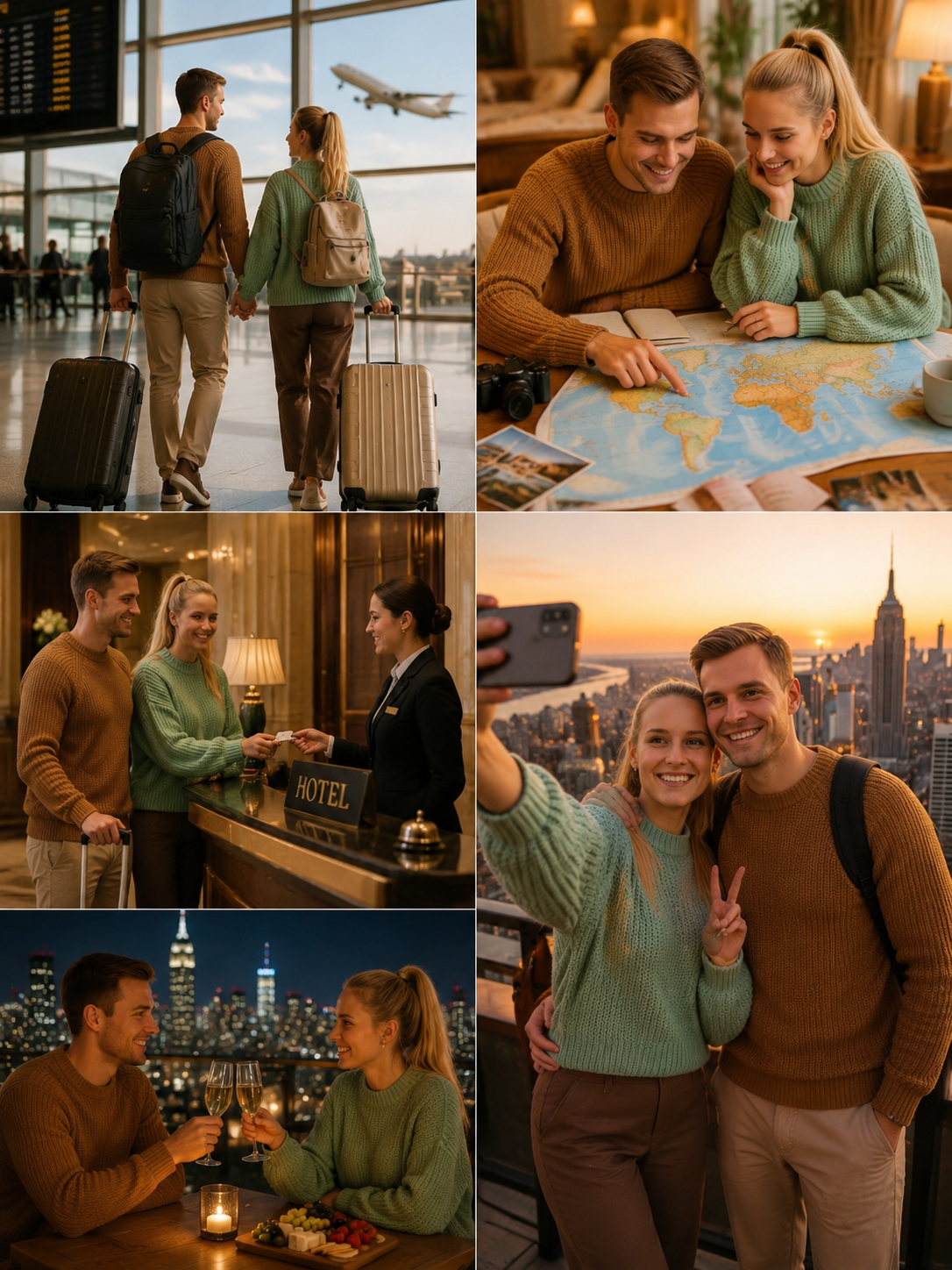 Коллаж смайлами / 🧳👫✈️ | 🗺️😍🌍 | 🏨🛎️🌆 | 🌅👫🤳 | 🥂😊🌙