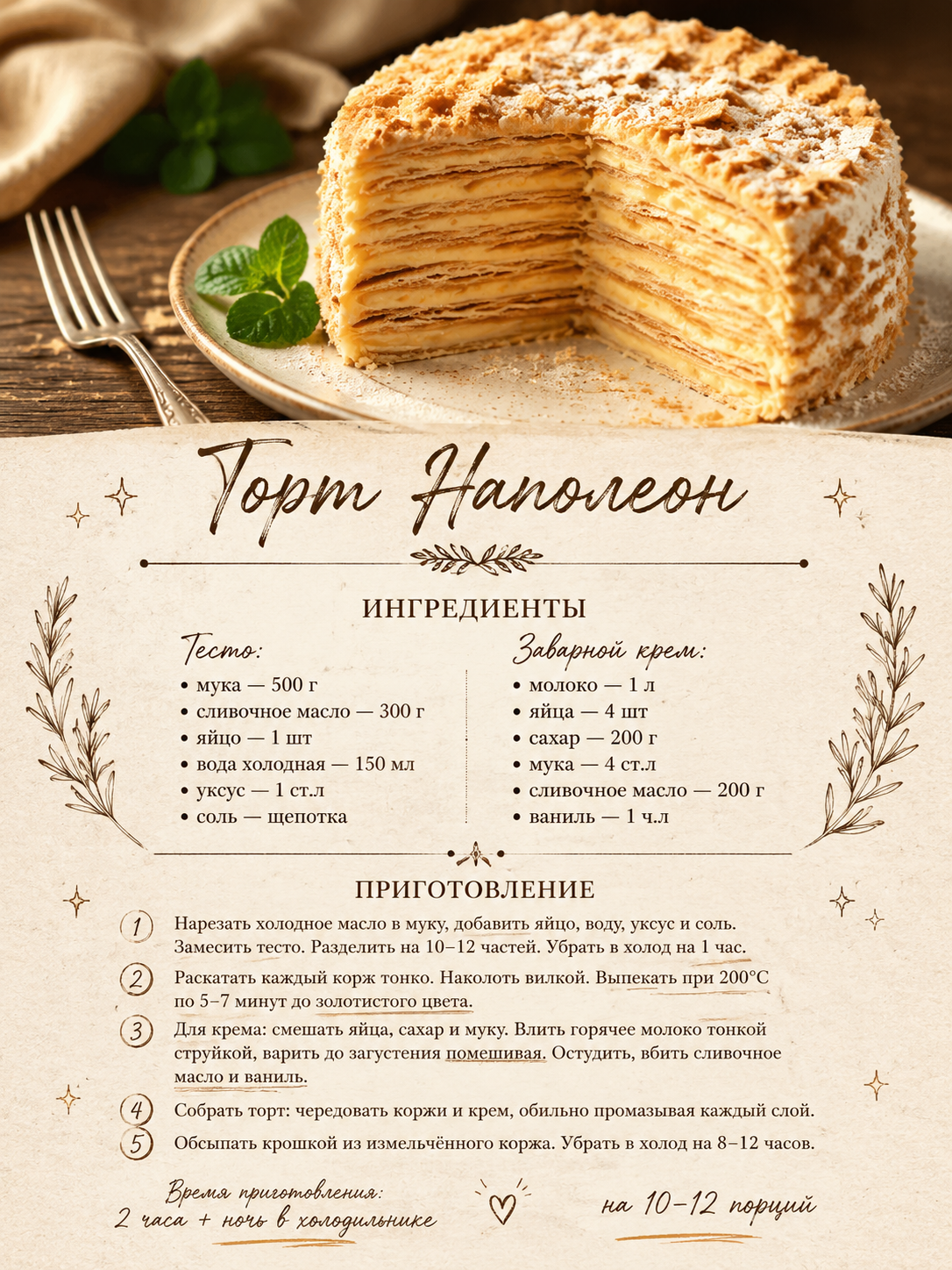 Эстетичная карточка-рецепт торта «Наполеон»