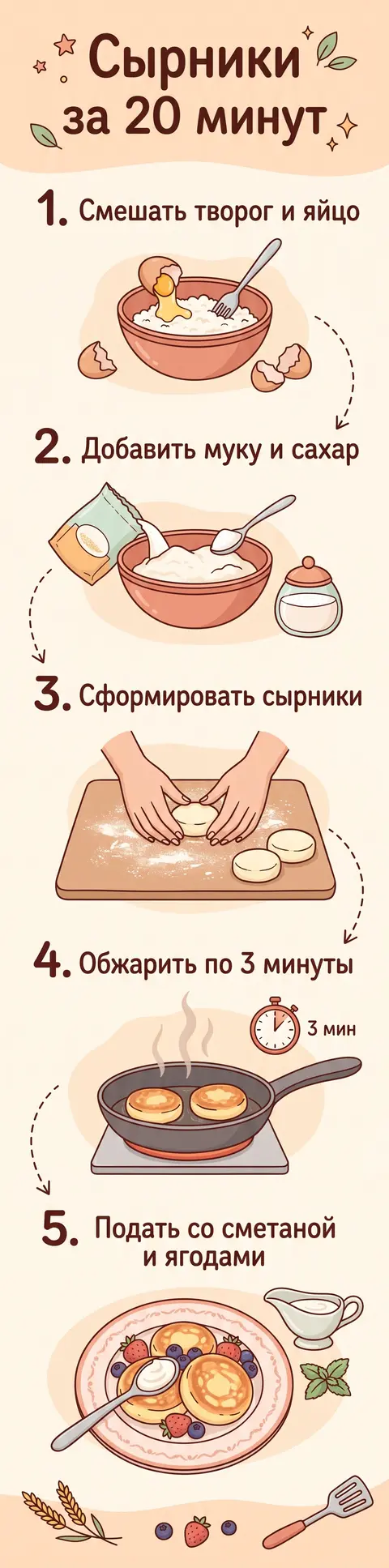Инфографика-рецепт сырников в пять шагов