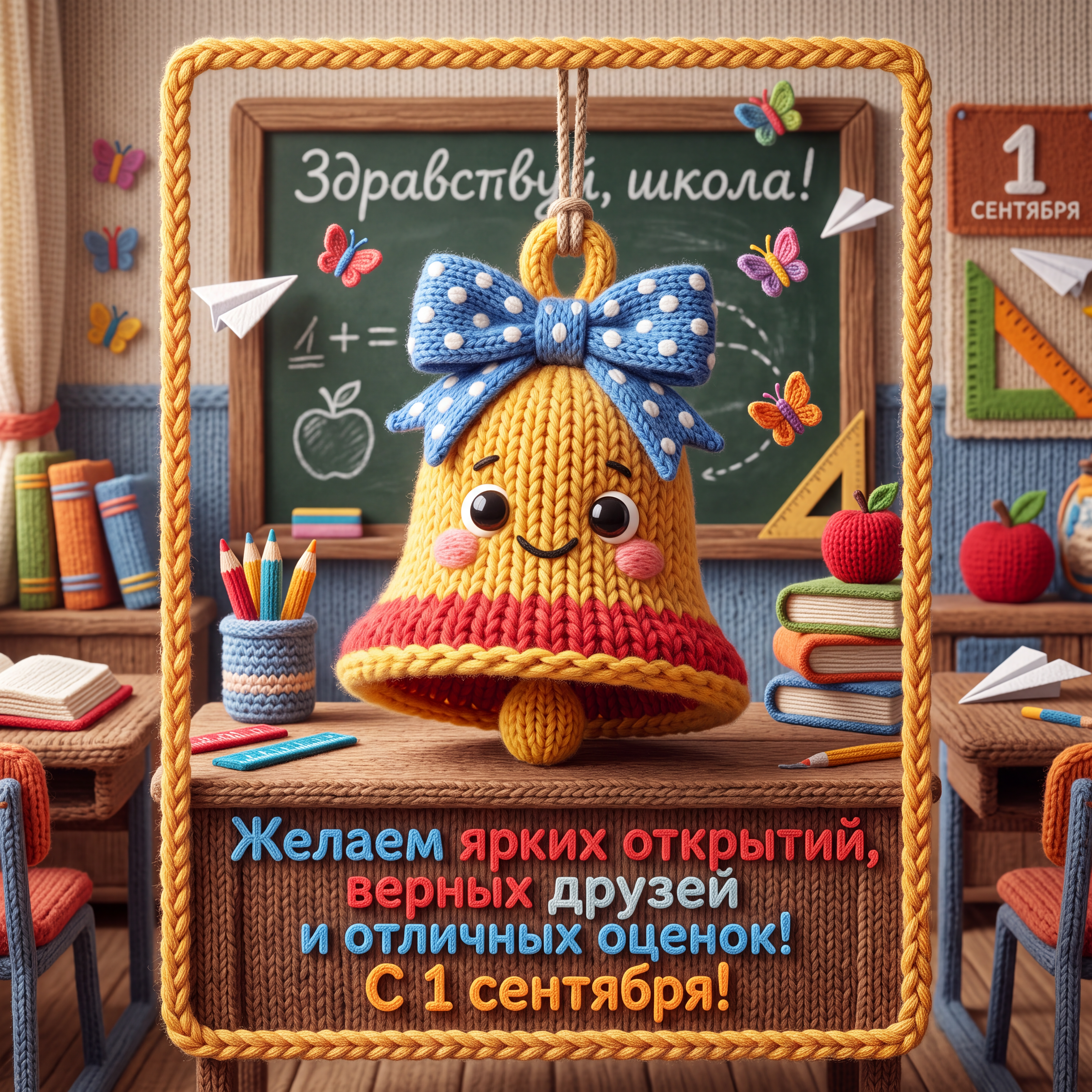 Открытка в стиле 3D вязаного мира ко Дню знаний