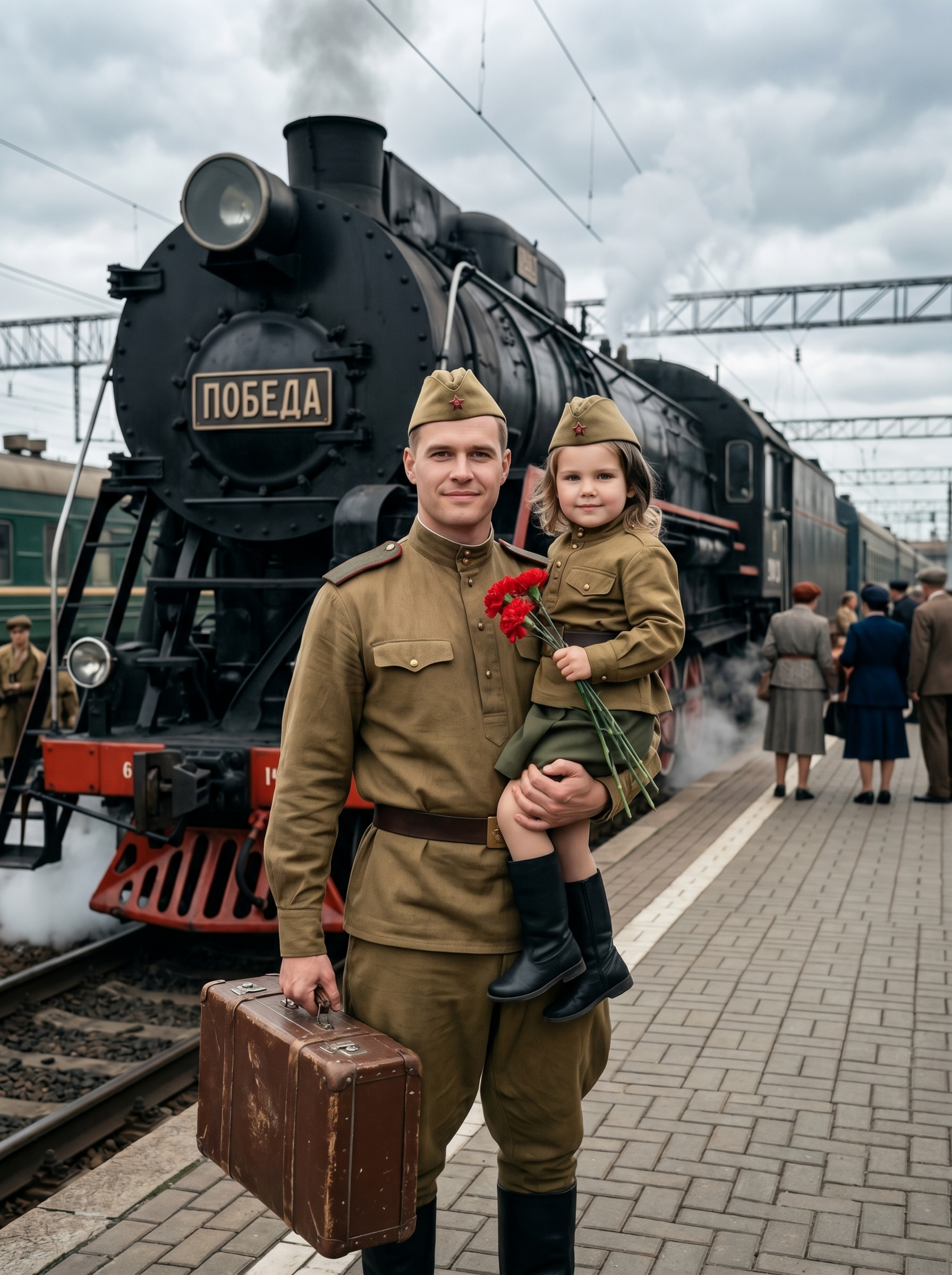 Мужчина и ребенок на фоне паровоза
