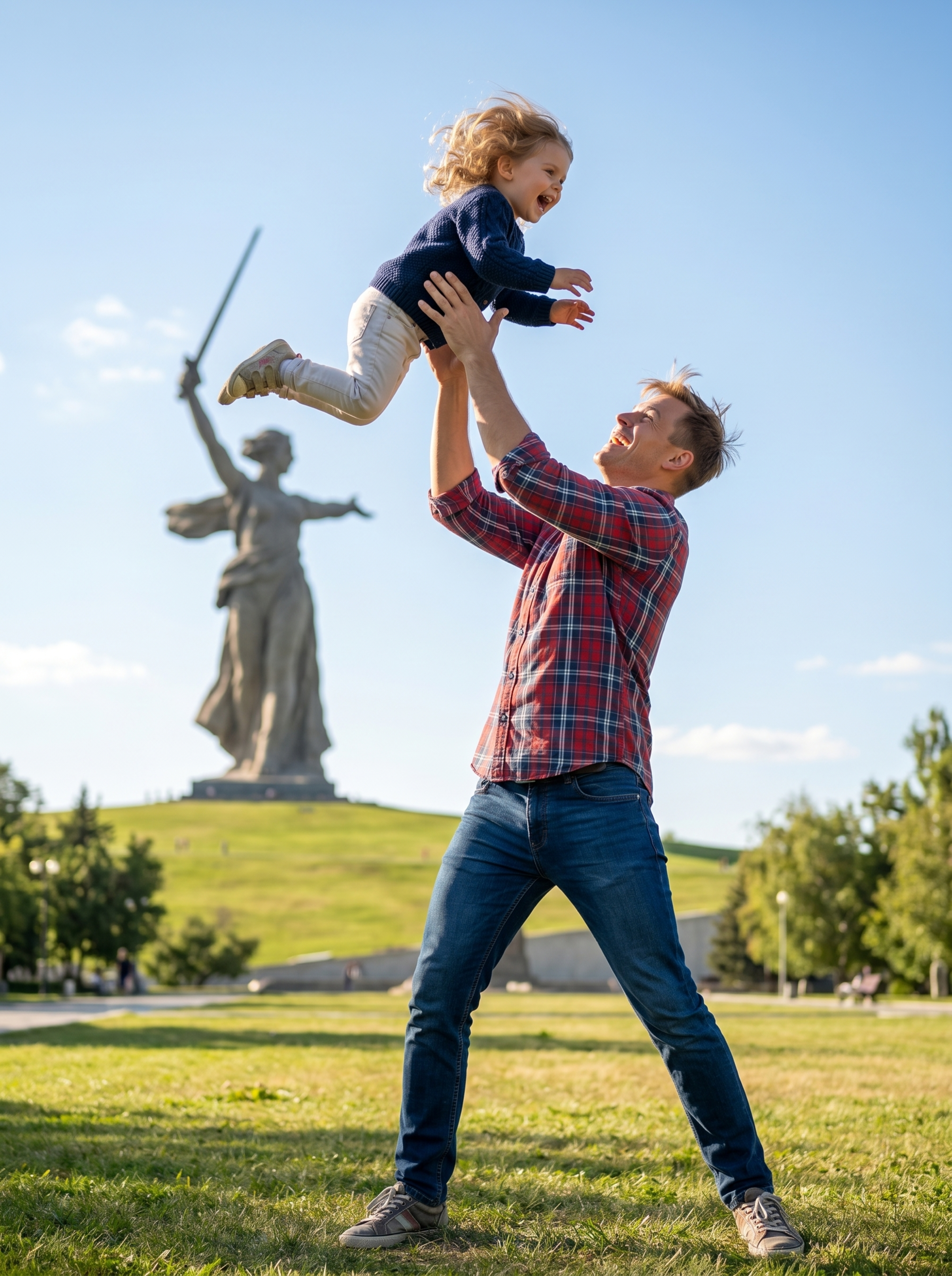 Семейное фото мужчины и ребенка на Мамаевом кургане