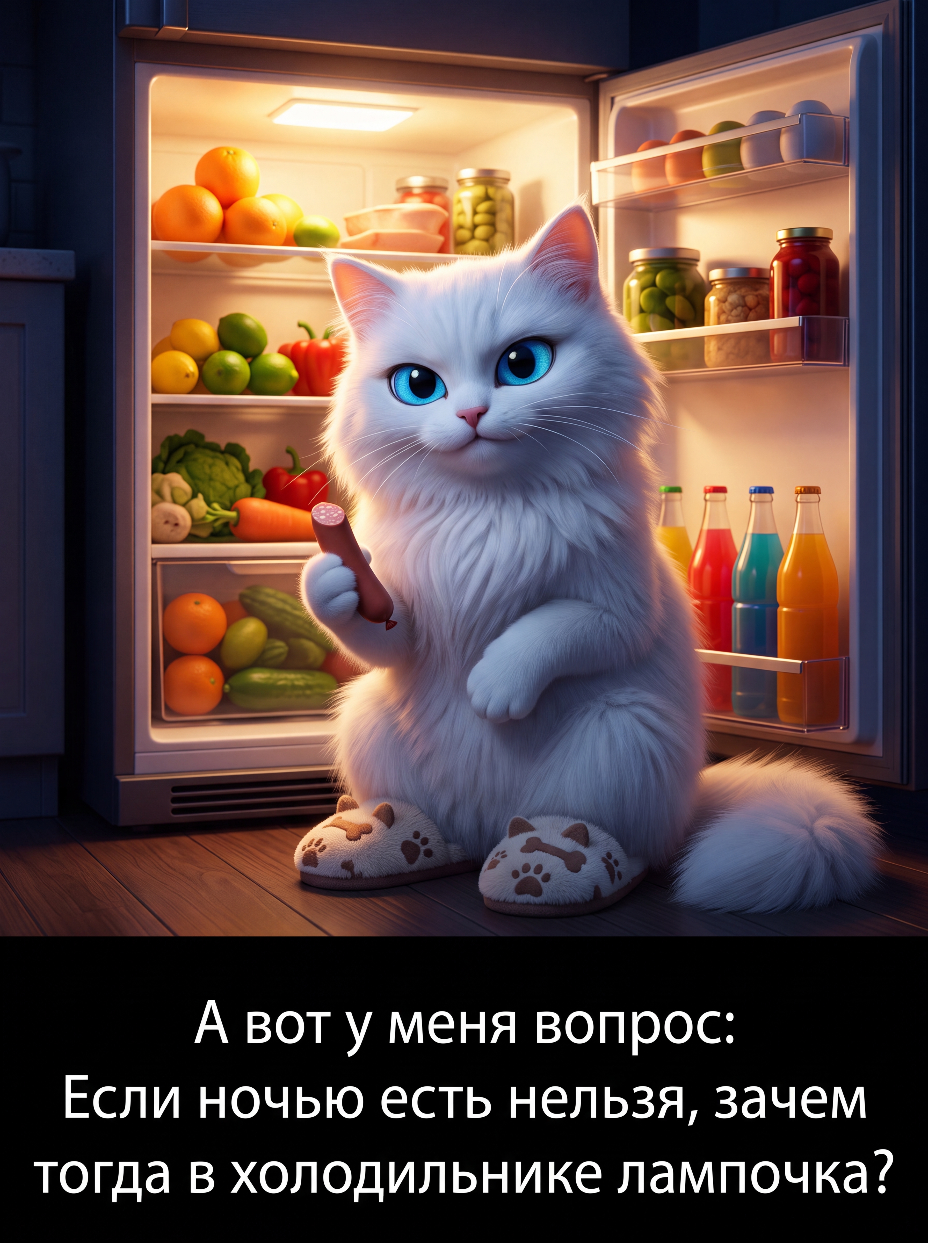 Анимационный 3д постер питомца ночью у холодильника