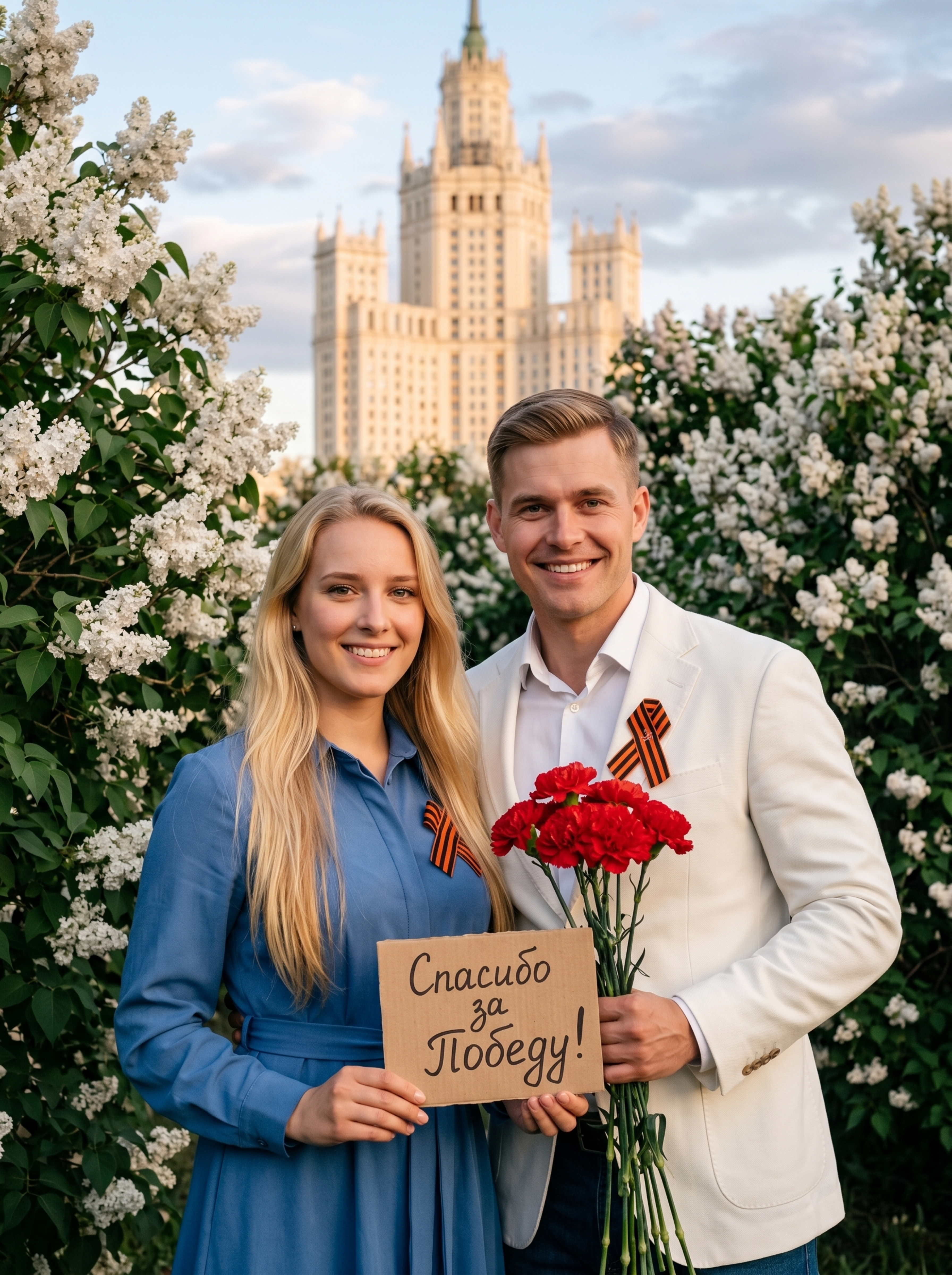 Пара в парке с табличкой на 9 мая