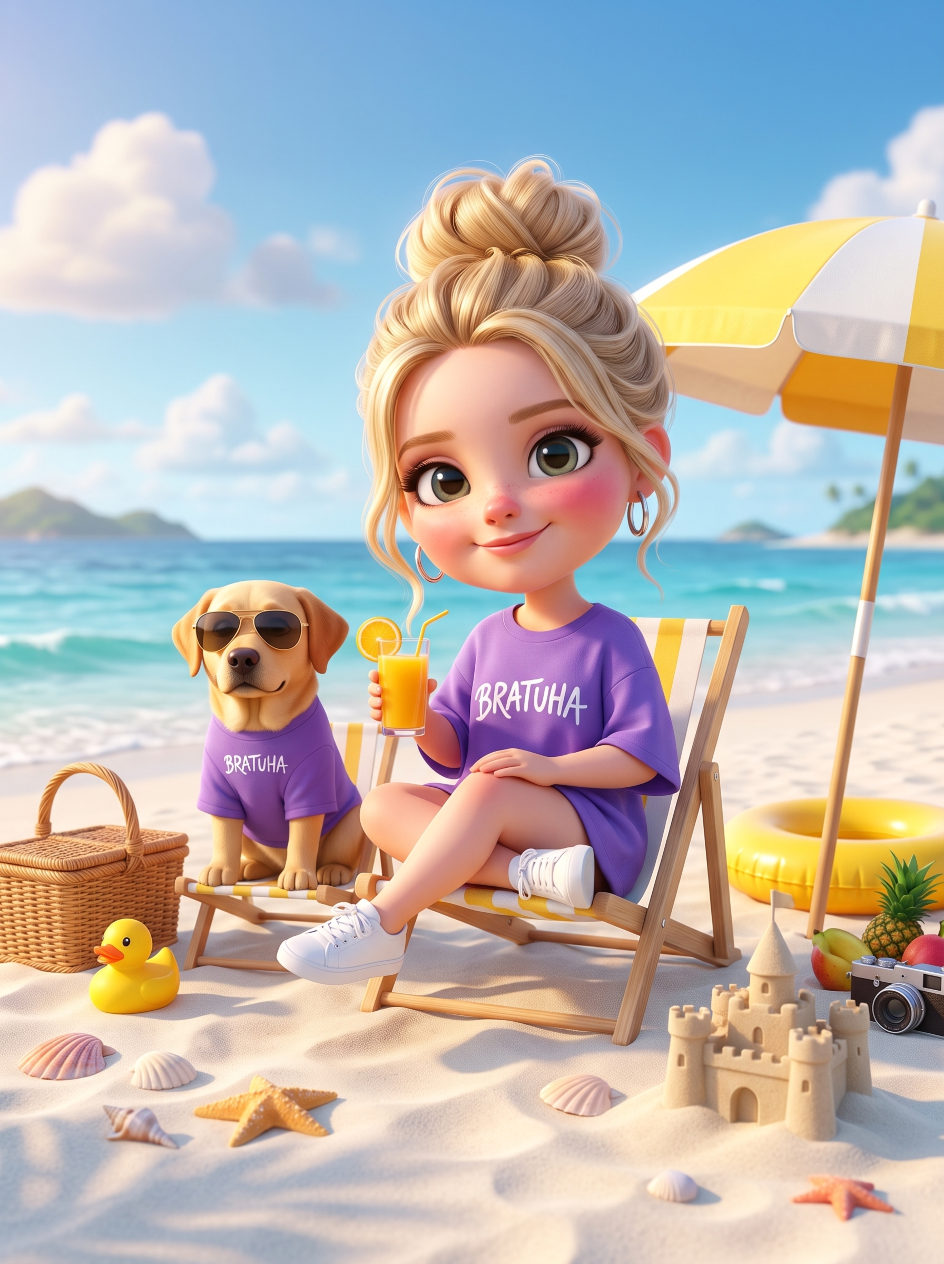3D чиби-версия в стиле Pixar с питомцем на пляже