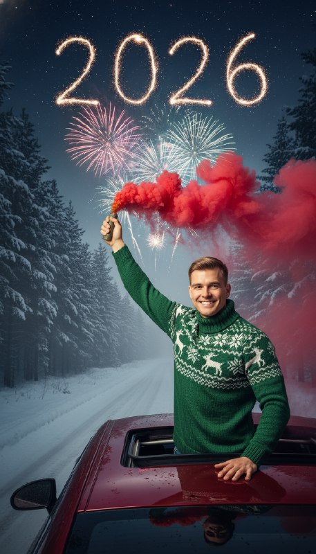 Новогодний мужчина с фаером у авто