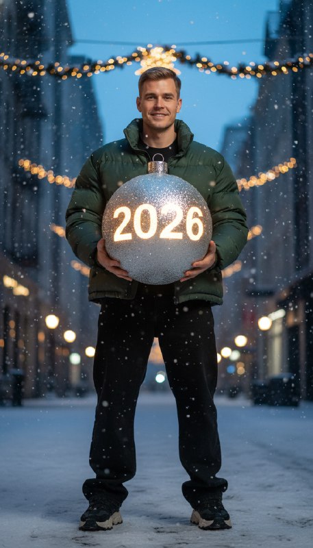 Мужчина с шаром 2026 в заснеженном городе