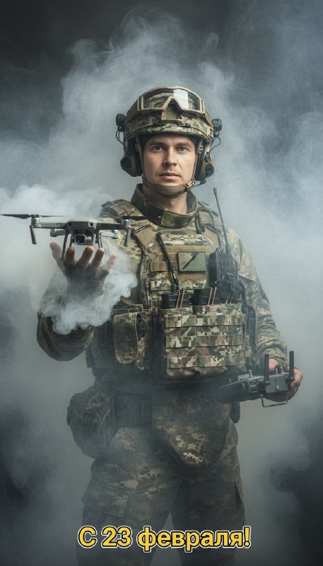 Военный с дроном в дыму