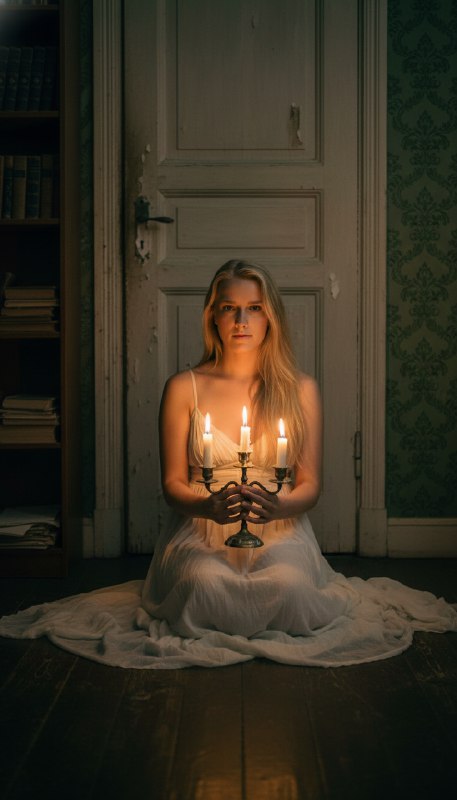 Женщина со свечами в старинном интерьере