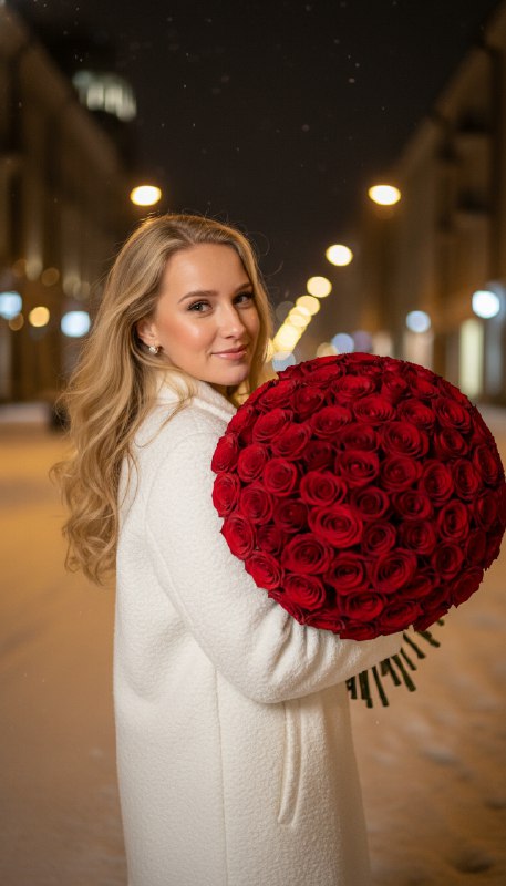 Женщина с букетом роз ночью