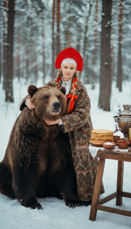 Женщина и медведь в зимнем лесу
