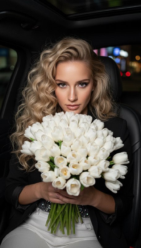 Женщина с букетом тюльпанов в авто