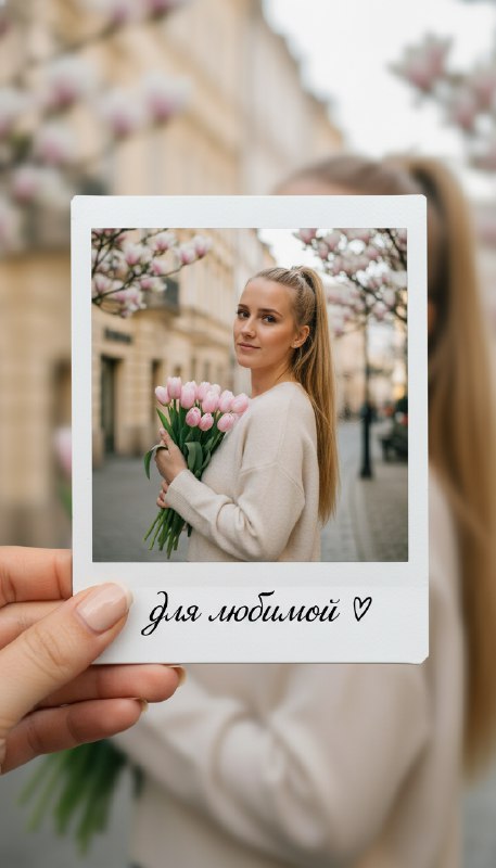 Женщина с тюльпанами в стиле Polaroid