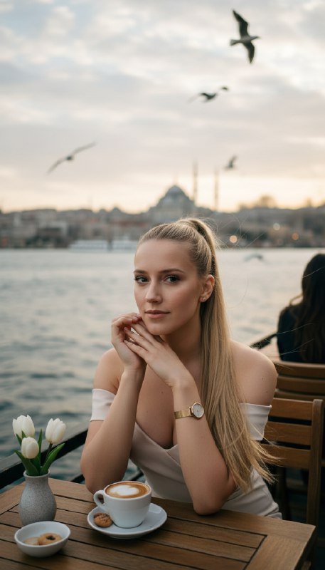 Девушка в кафе на набережной Стамбула