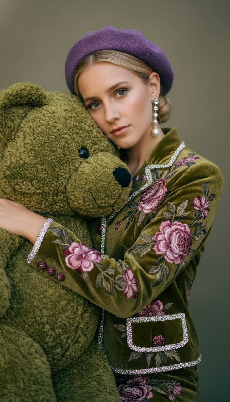 Женщина с плюшевым медведем в стиле high fashion