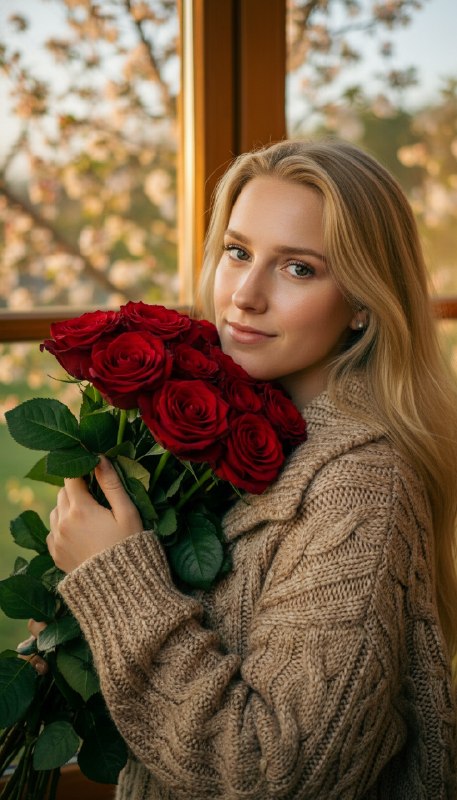Женщина с букетом роз у окна