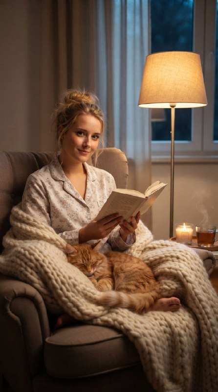 Уютный вечер с книгой и котом