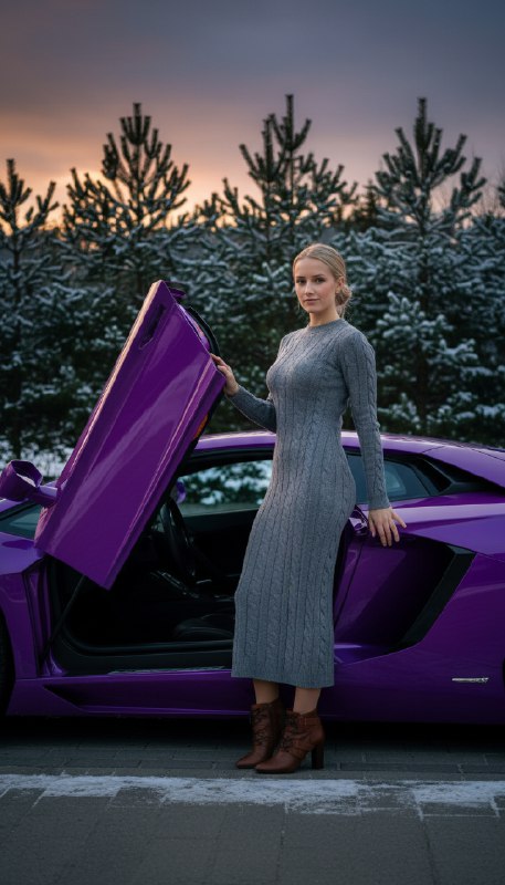 Девушка и фиолетовый Lamborghini