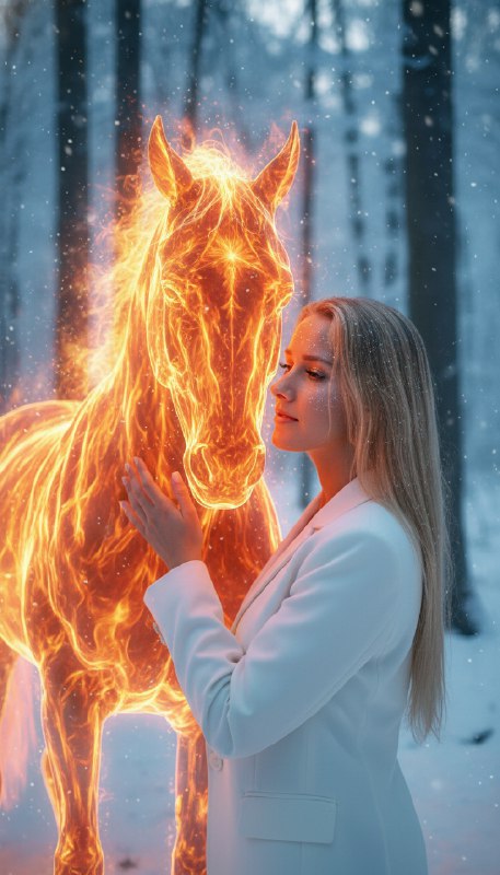 Женщина и огненный конь зимой