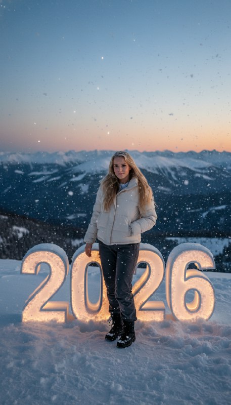 Женщина на фоне цифр 2026 в горах