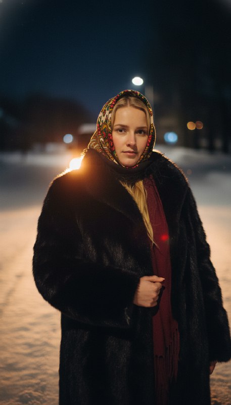 Женщина в шубе и платке ночью