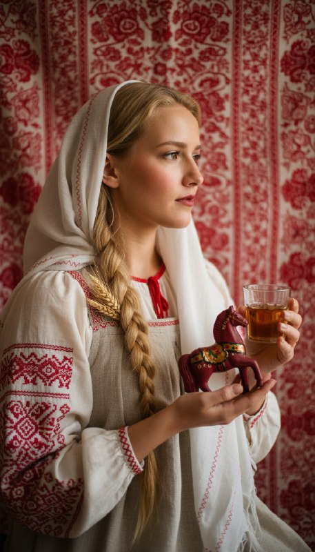 Русская красавица с конём и напитком
