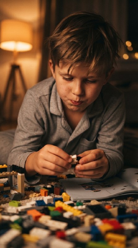 Мальчик собирает Lego вечером
