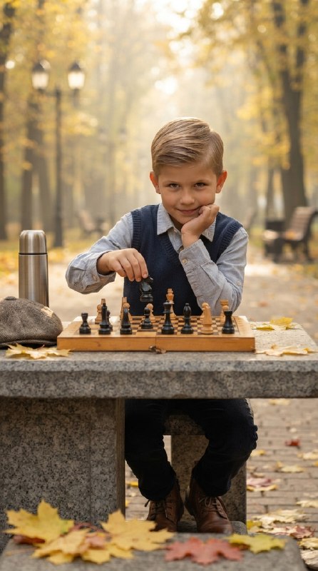 Мальчик играет в шахматы осенью