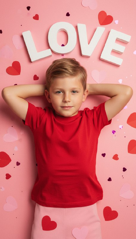 Мальчик в красной футболке с надписью LOVE