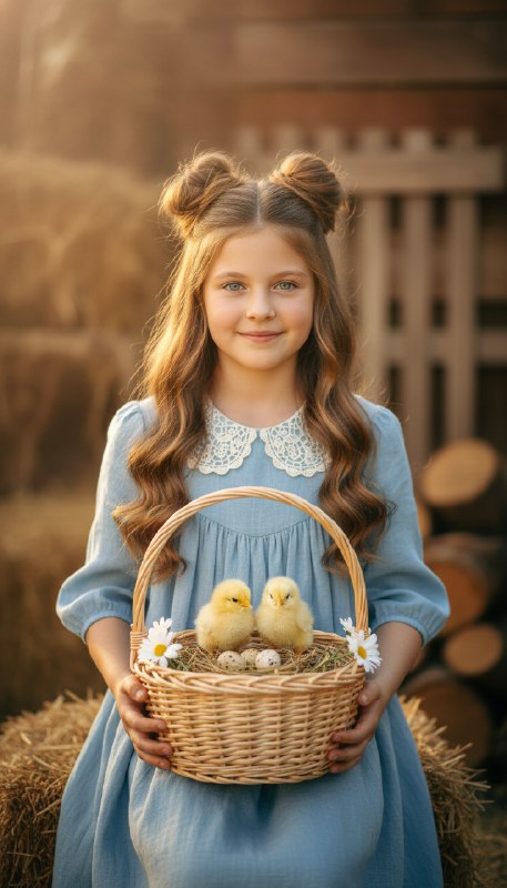 Девочка с цыплятами в корзине