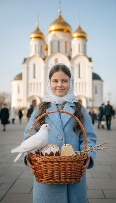 Девочка с пасхальной корзиной у храма