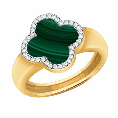 Купить Кольцо Diamant online, золото, 585 проба, малахит, фианит, размер 17.5, зеленый...