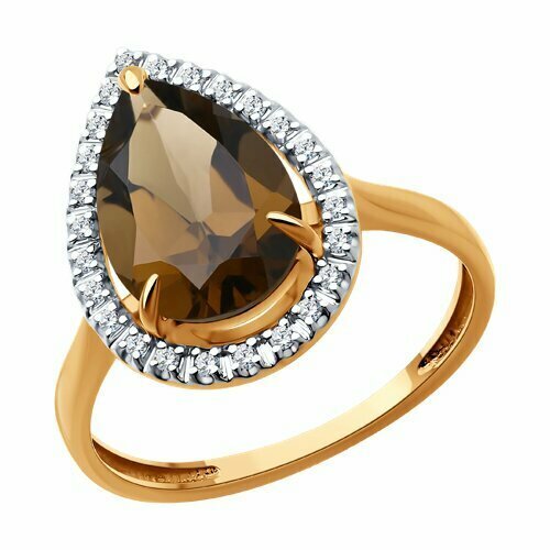Купить Кольцо Diamant online, золото, 585 проба, раухтопаз, фианит, размер 17.5, коричн...