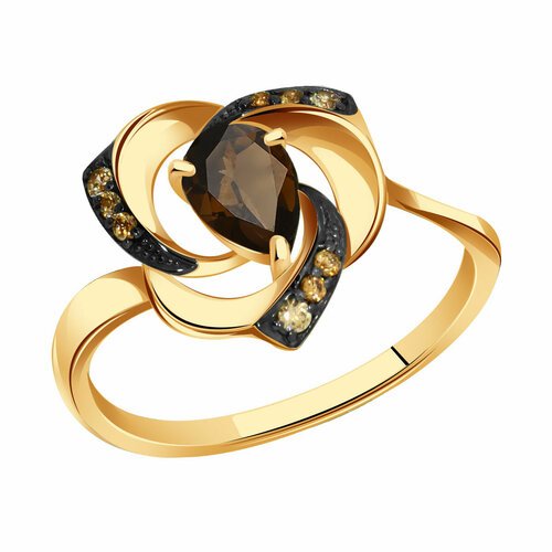 Купить Кольцо Diamant online, золото, 585 проба, раухтопаз, фианит, размер 18.5, коричн...