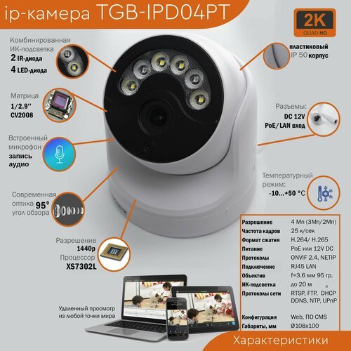 Купить Купольная внутренняя IP-камера видеонаблюдения со встроенным микрофоном и PoE TG...