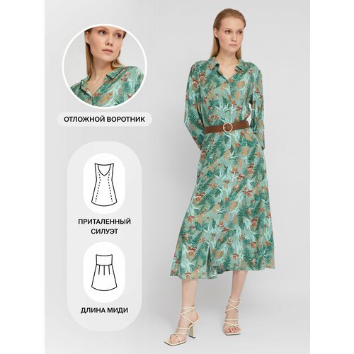 Купить Платье Zolla, размер S, хаки
Зелёное женское платье-рубашка из вискозы с пёстрым...