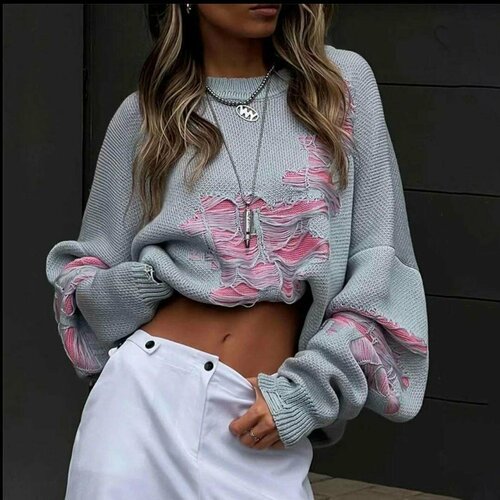 Купить Свитер, размер 42/46, серый, розовый
Женский оверсайз свитер с рваными деталями...