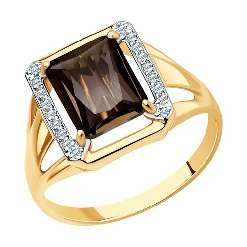 Купить Кольцо Diamant online, золото, 585 проба, раухтопаз, фианит, размер 20, коричнев...