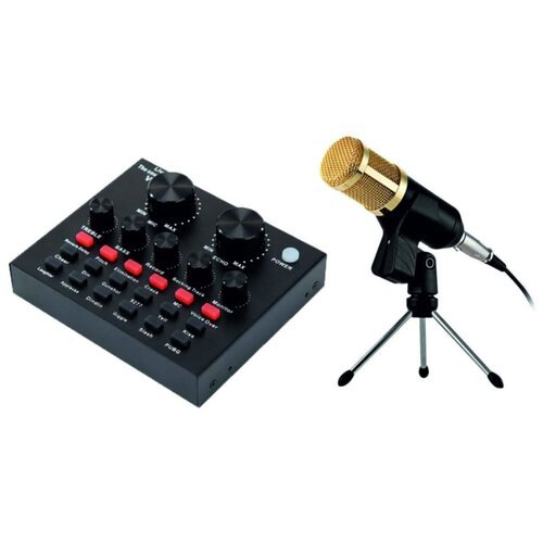 Купить Конденсаторный микрофон BM800 черно-золотой со звуковой картой микшер V8 на наст...