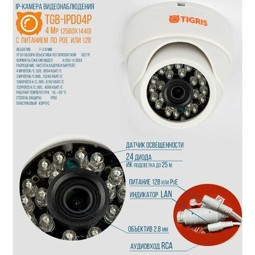 Купить Купольная внутренняя IP-камера видеонаблюдения с питанием по PoE TGB-IPD04P 4Мп...