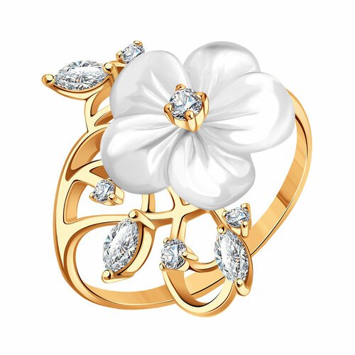 Купить Кольцо Diamant online, белое золото, 585 проба, фианит, перламутр, размер 17.5,...