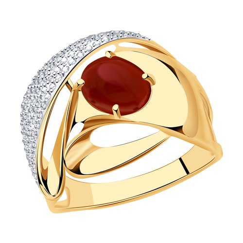 Купить Кольцо Diamant online, золото, 585 проба, фианит, коралл, размер 18, красный, зо...