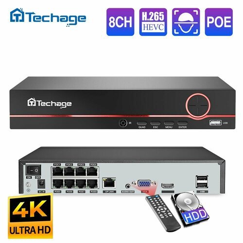 Купить Techage Восемь каналов H.265 4K POE NVR Аудиовыход видеорегистратор для видеонаб...