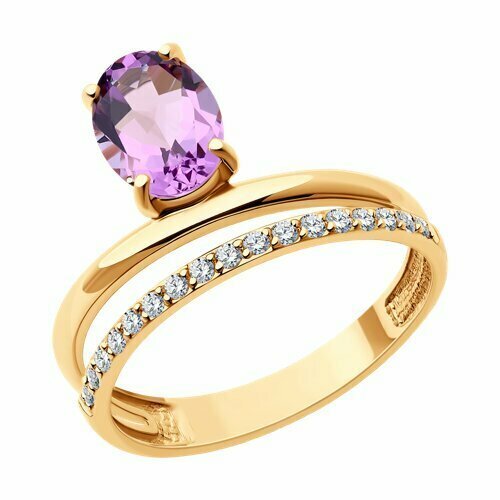 Купить Кольцо Diamant online, золото, 585 проба, аметист, фианит, размер 18.5, фиолетов...